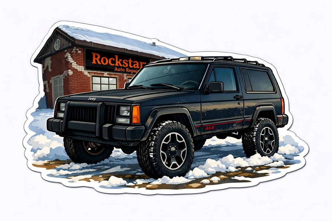 Rockstar Auto Repair illustration of a Jeep outside the shop